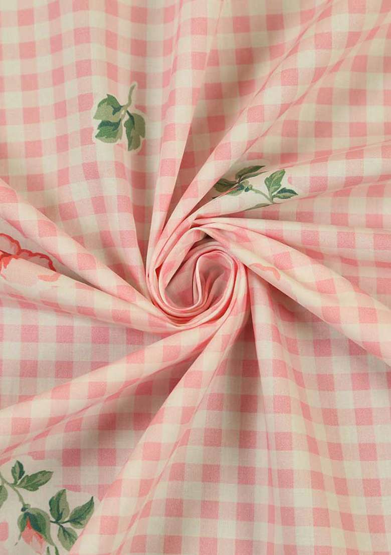Pink Poplin Floral And Check Printed Dress for Diwali and Festive Wear - Indya