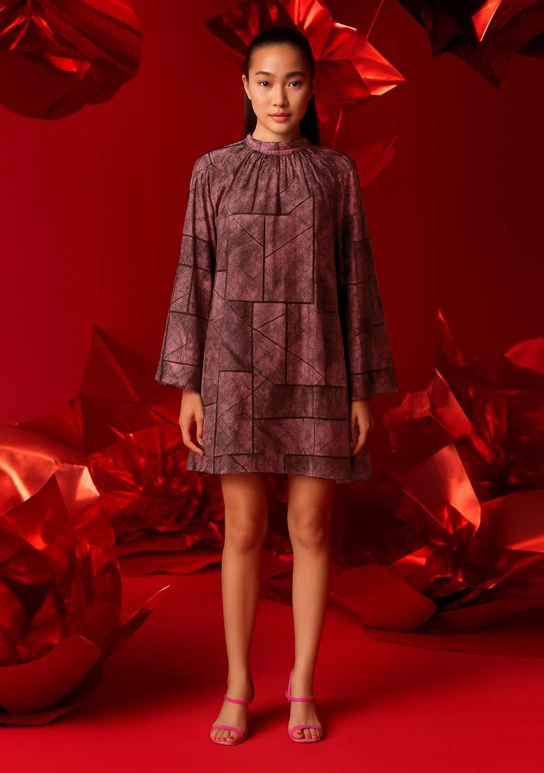 Brown Cotton Satin Abstract Printed Dress - Indya