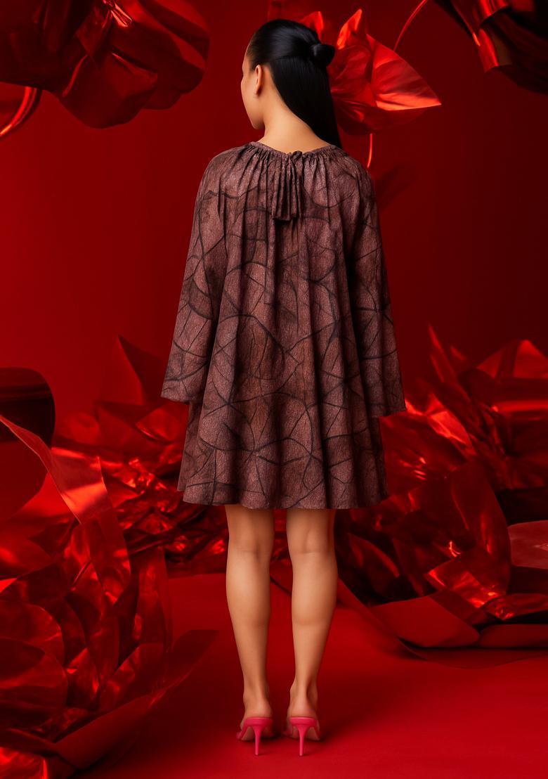 Brown Cotton Satin Abstract Printed Dress - Indya