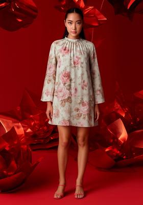 Beige Cotton Satin Floral Printed Dress