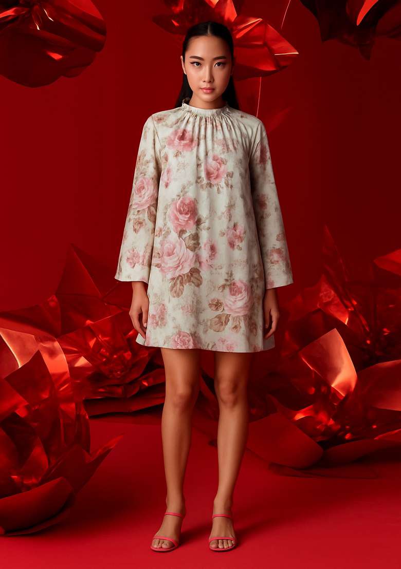 Beige Cotton Satin Dress with Floral Printed for Diwali | Wedding & Festive Wear - Indya