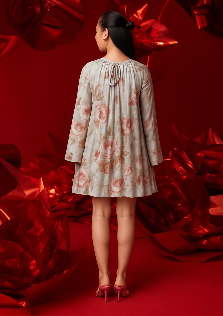 Beige Cotton Satin Floral Printed Dress - Indya