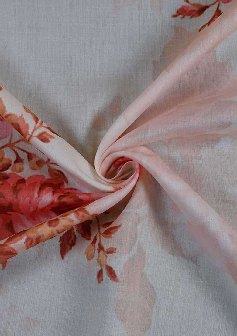 Beige Cotton Satin Dress with Floral Printed for Diwali | Wedding & Festive Wear - Indya