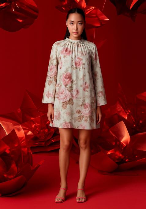 Beige Cotton Satin Floral Printed Dress