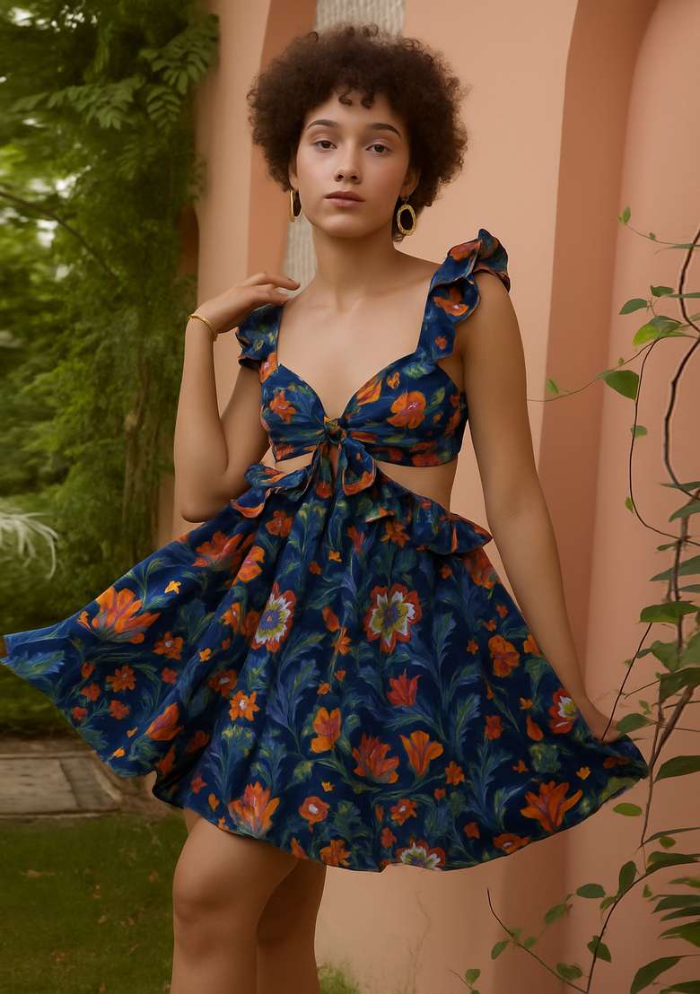 Blue Poplin Floral Printed Dress for Diwali and Festive Wear - Indya