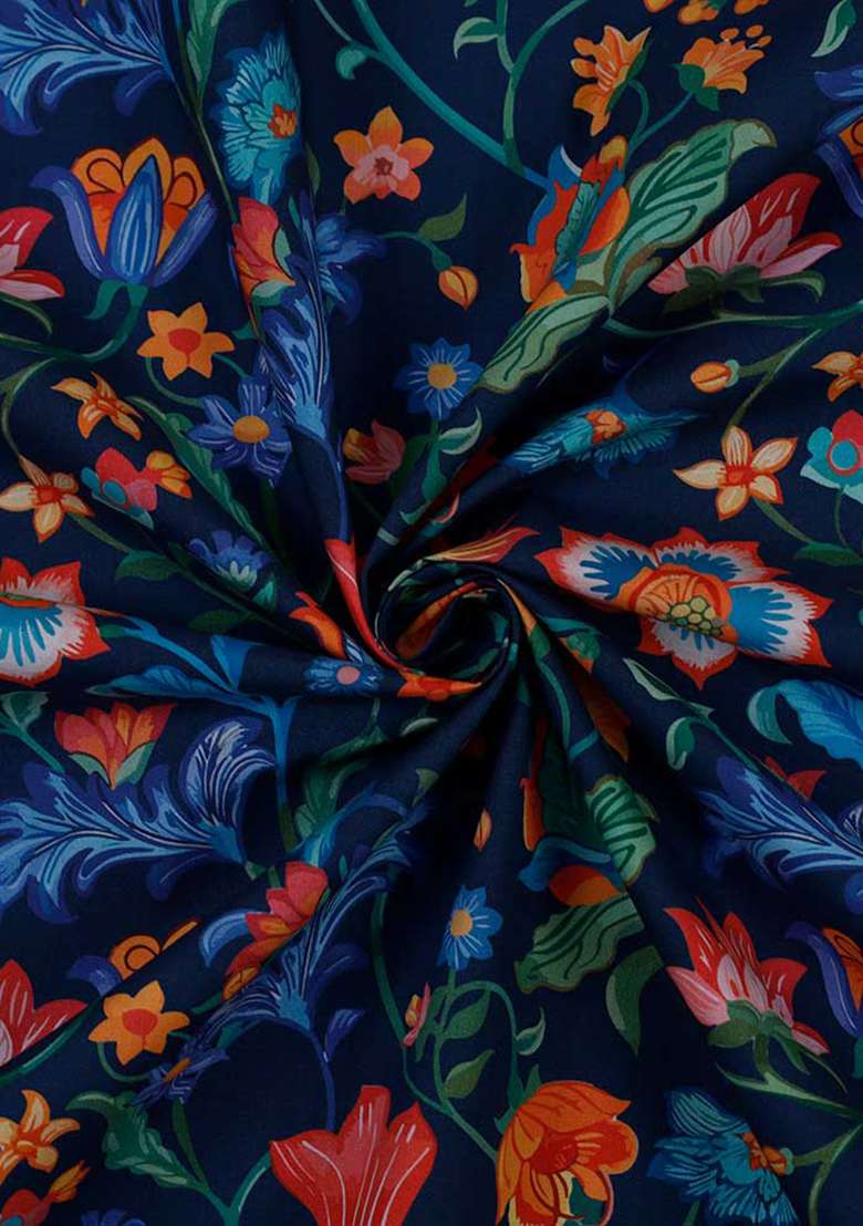 Blue Poplin Floral Printed Dress for Diwali and Festive Wear - Indya