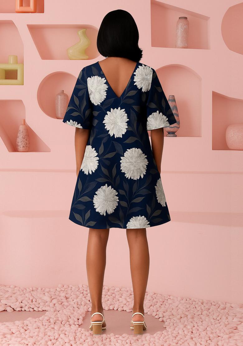Blue Cotton Satin Floral Printed Dress - Indya