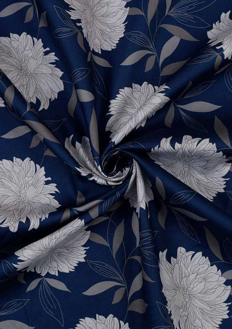 Blue Cotton Satin Floral Printed Dress for Diwali and Festive Wear - Indya