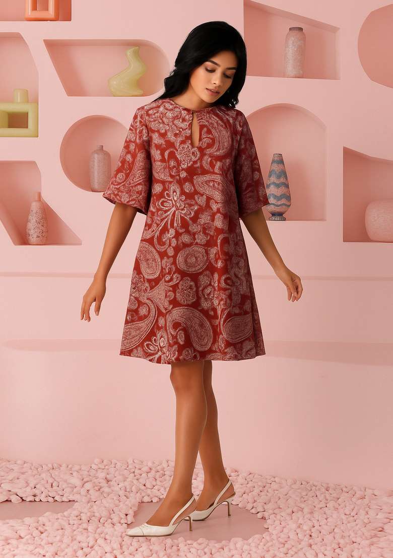 Maroon Cotton Paisley Satin Dress with Printed for Diwali | Wedding & Festive Wear - Indya
