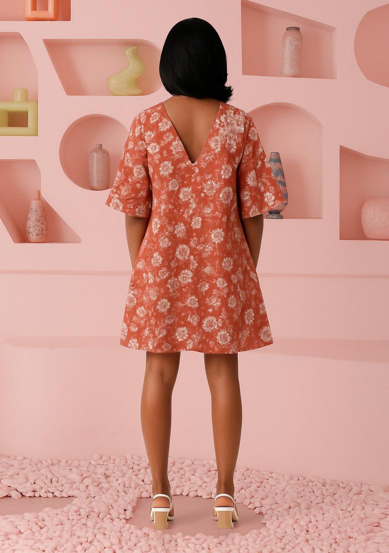 Peach Cotton Satin Paisley Printed Dress - Indya