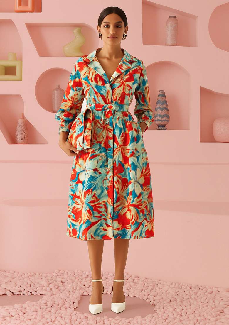 Multicolor Poplin Floral Printed Dress - Indya