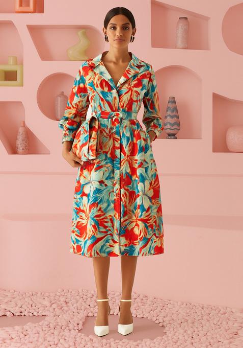 Multicolor Poplin Floral Printed Dress