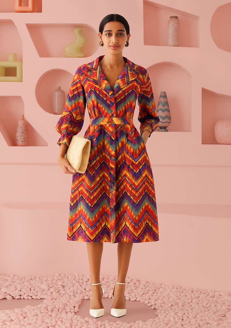 Multicolor Poplin Abstract Printed Dress - Indya