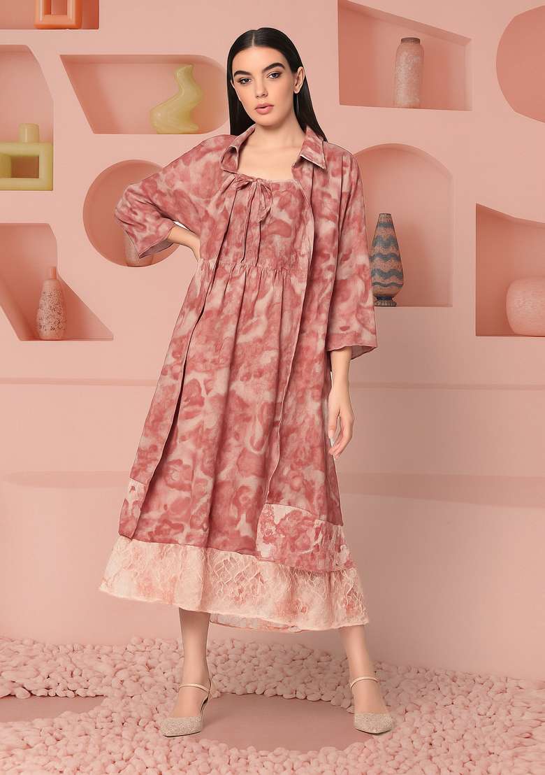 Onion Pink Cambric Abstract Printed Dress - Indya