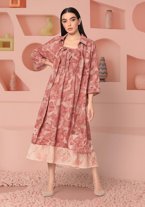 Onion Pink Cambric Abstract Printed Dress