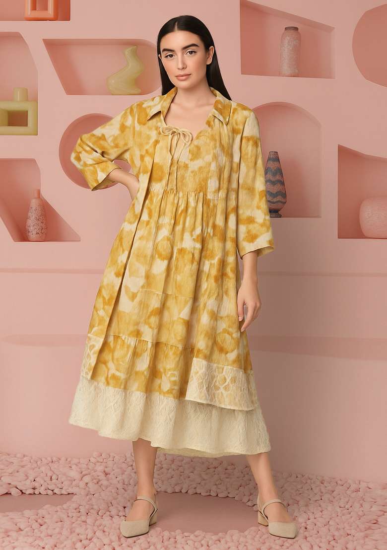 Yellow Cambric Abstract Printed Dress - Indya