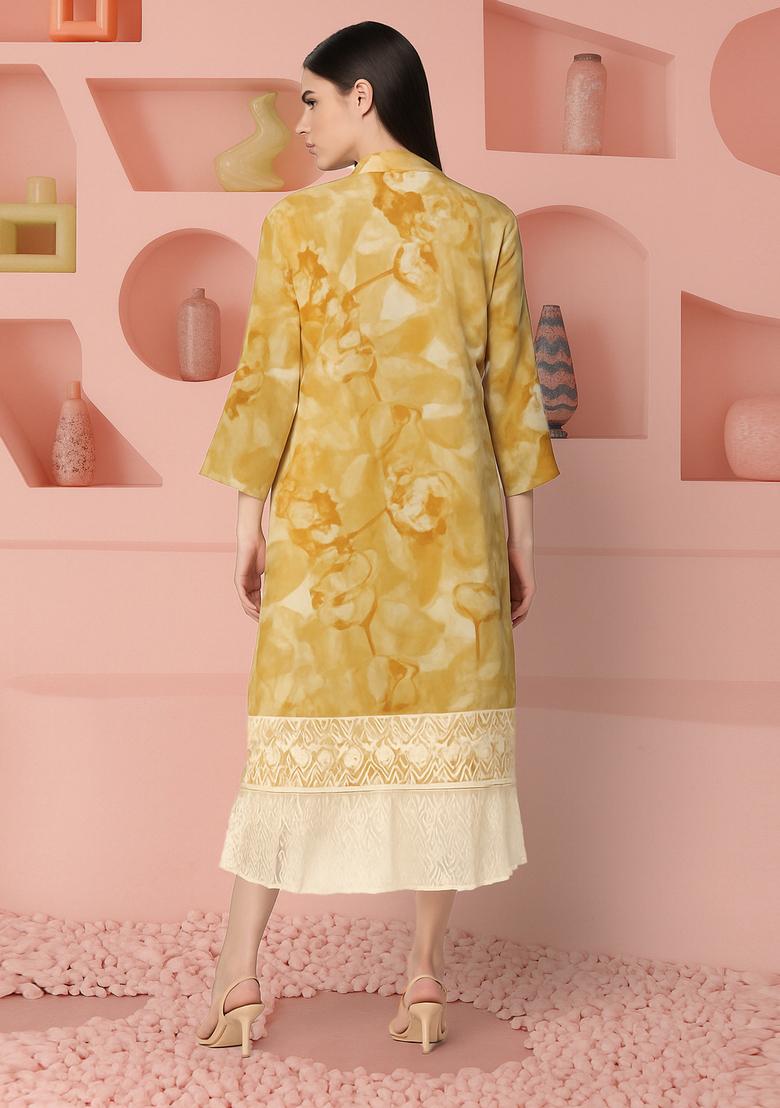 Yellow Cambric Abstract Printed Dress - Indya
