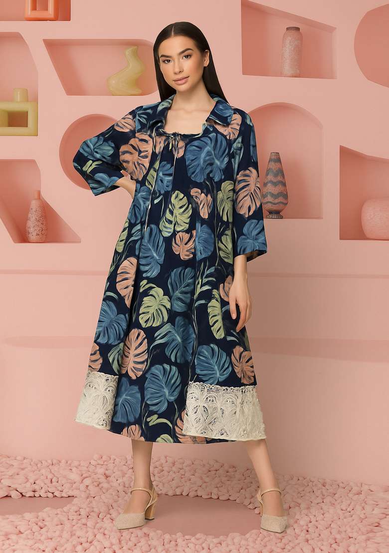 Blue Cotton Leaf Printed Dress - Indya