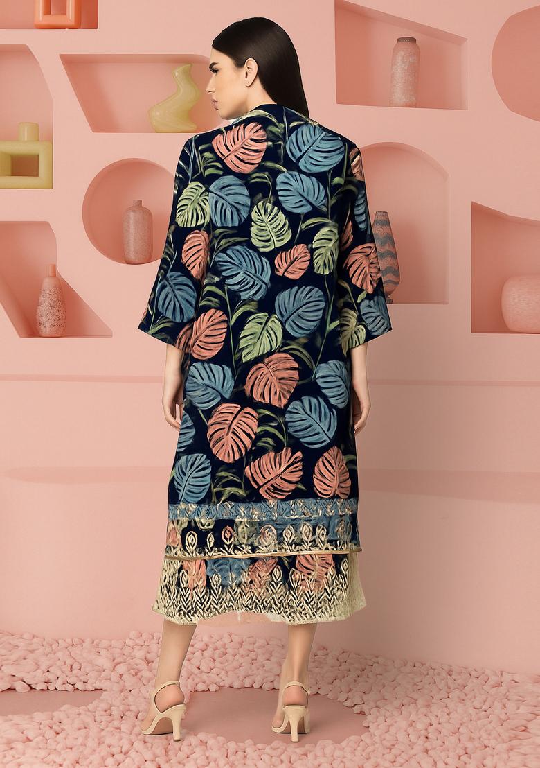 Blue Cotton Leaf Printed Dress - Indya