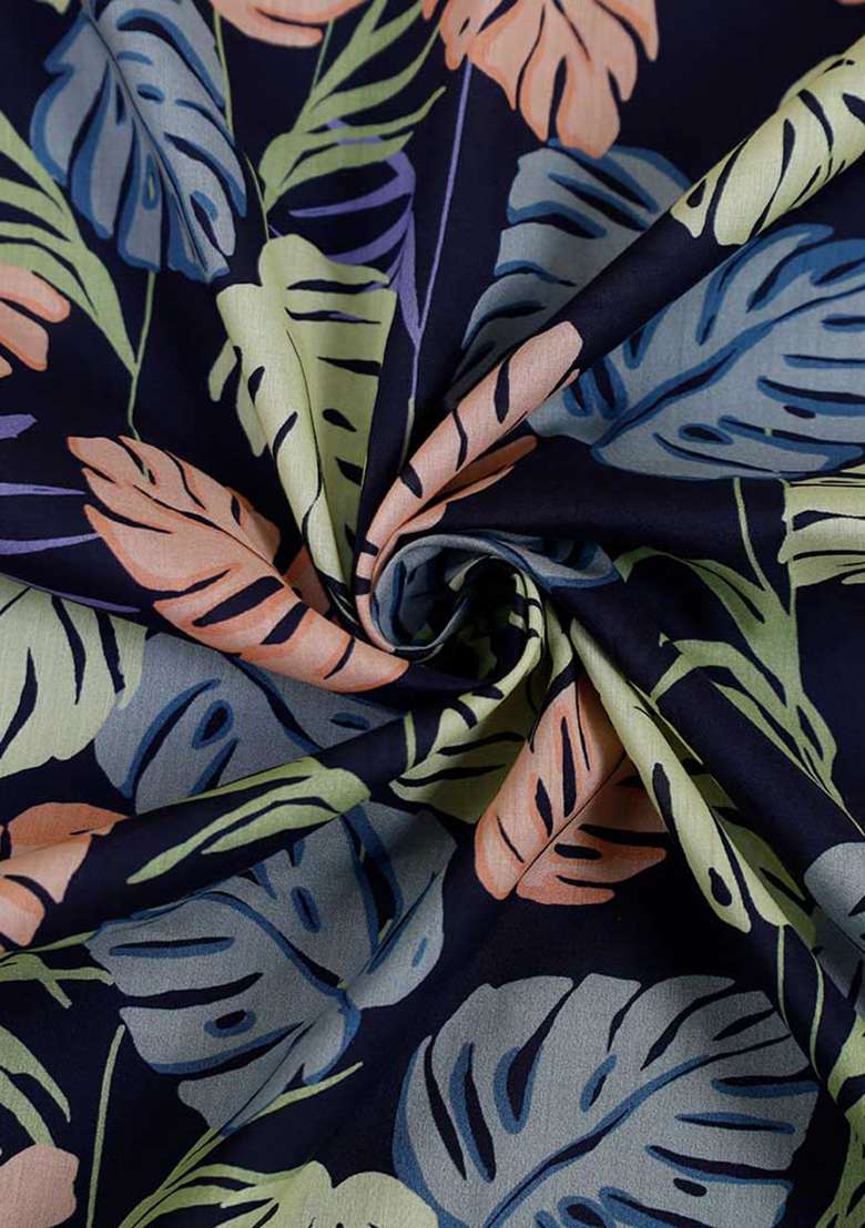 Blue Cotton Leaf Printed Dress - Indya
