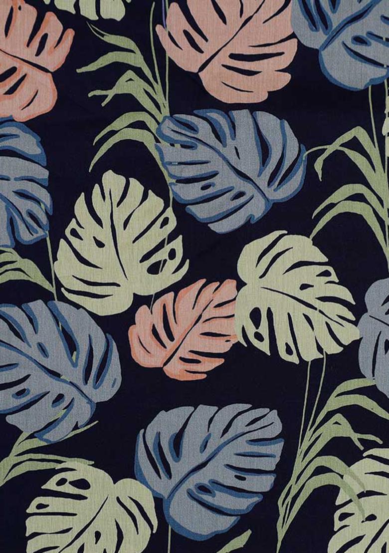 Blue Cotton Leaf Printed Dress - Indya