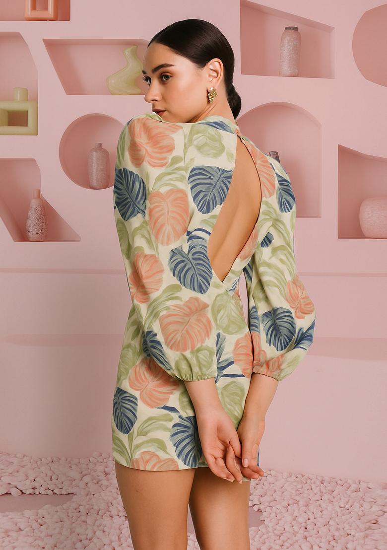 Multicolor Cotton Leaf Printed Dress - Indya