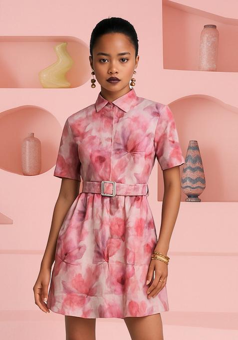 Pink Cotton Floral Printed Dress
