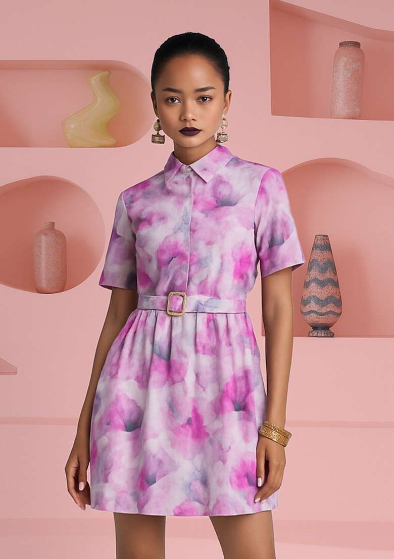 Purple Cotton Floral Printed Dress for Diwali and Festive Wear - Indya