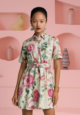 Off White Cotton Floral Printed Dress