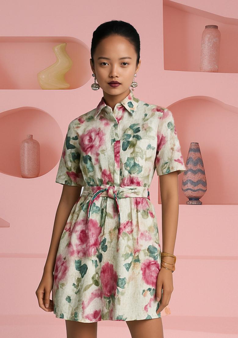 Off White Cotton Floral Printed Dress