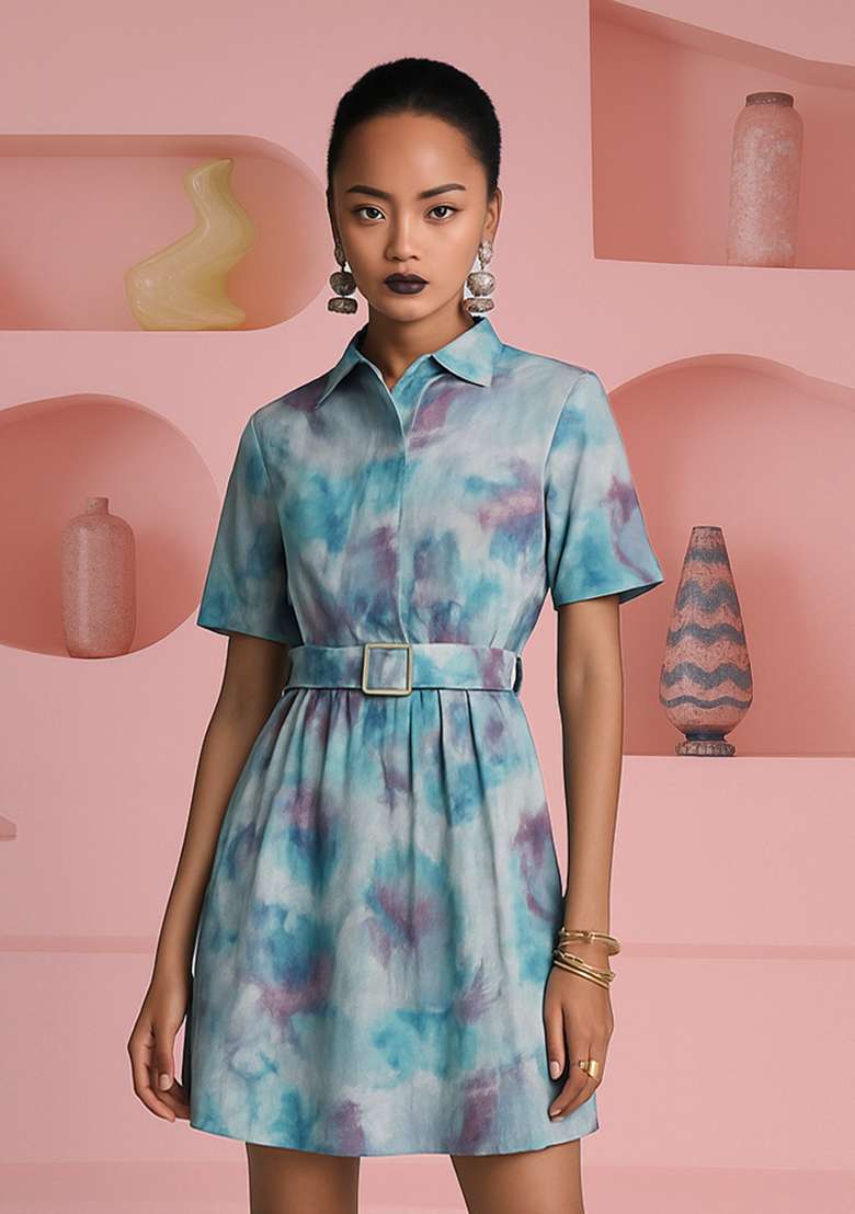 Blue Cotton Dress with Floral Printed for Diwali | Wedding & Festive Wear - Indya
