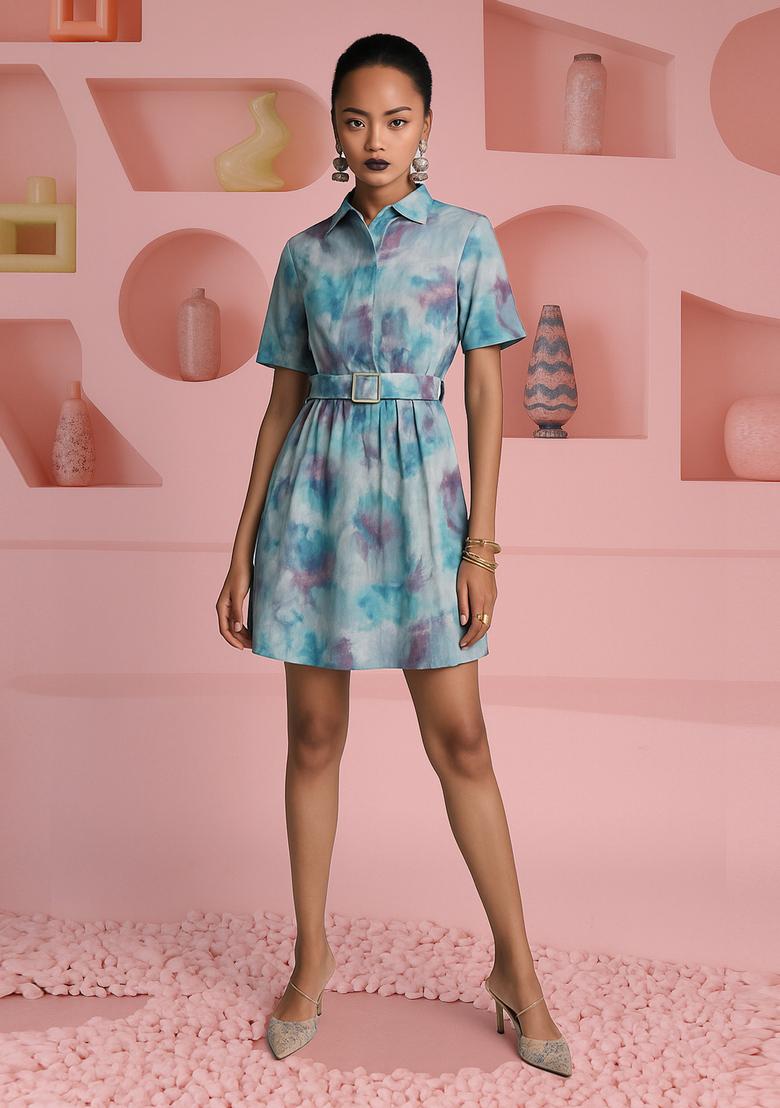 Blue Cotton Floral Printed Dress - Indya