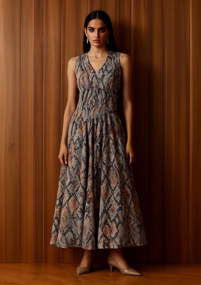 Multicolor Cotton Satin Abstract Printed Dress - Indya