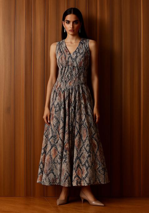 Multicolor Cotton Satin Abstract Printed Dress