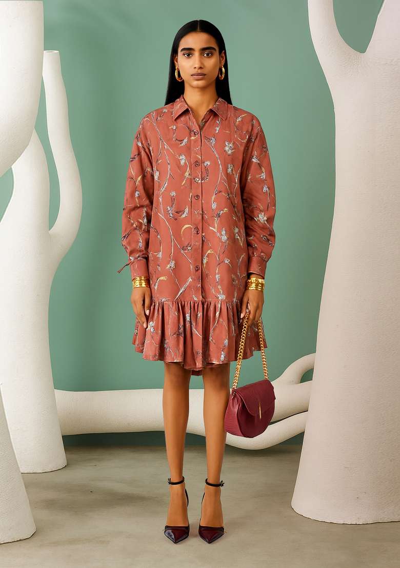Brown Cotton Abstract Printed Dress - Indya
