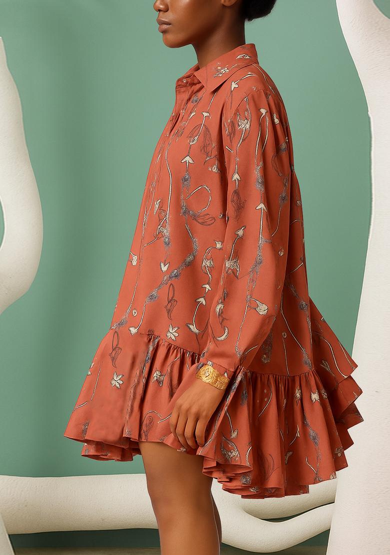 Brown Cotton Abstract Printed Dress - Indya