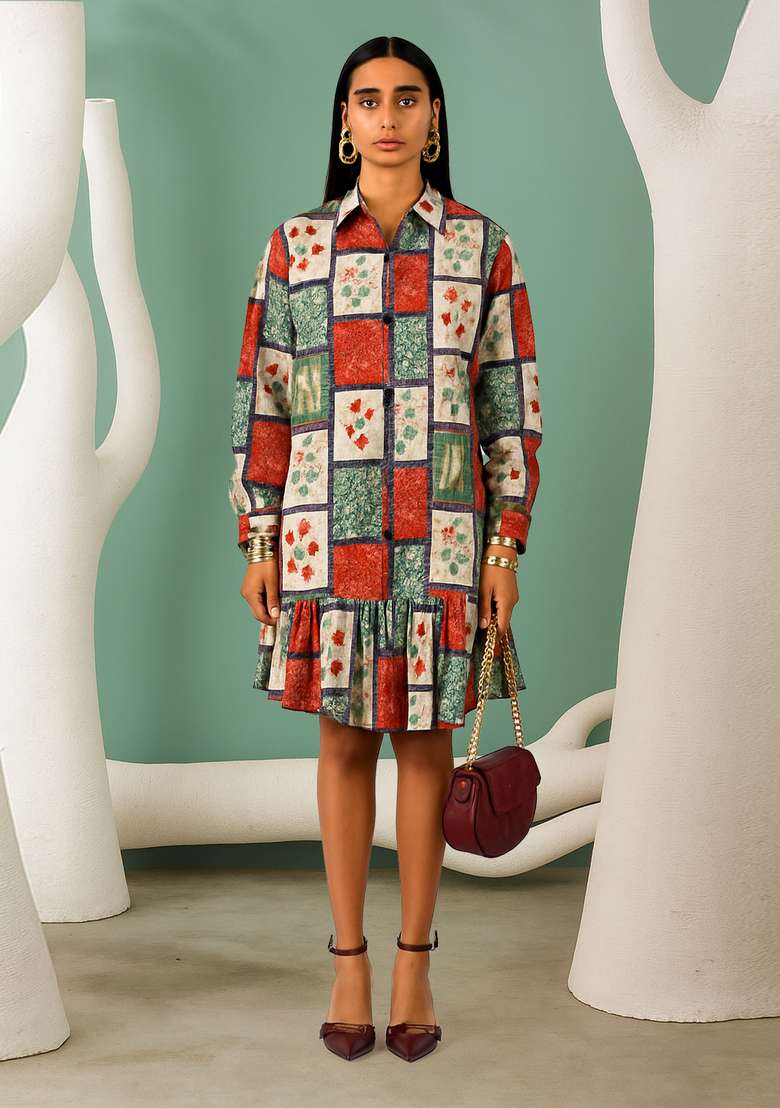 Multicolor Cotton Satin Floral Printed Dress for Diwali and Festive Wear - Indya