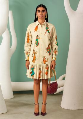 Cream Cotton Satin Figure Printed Dress