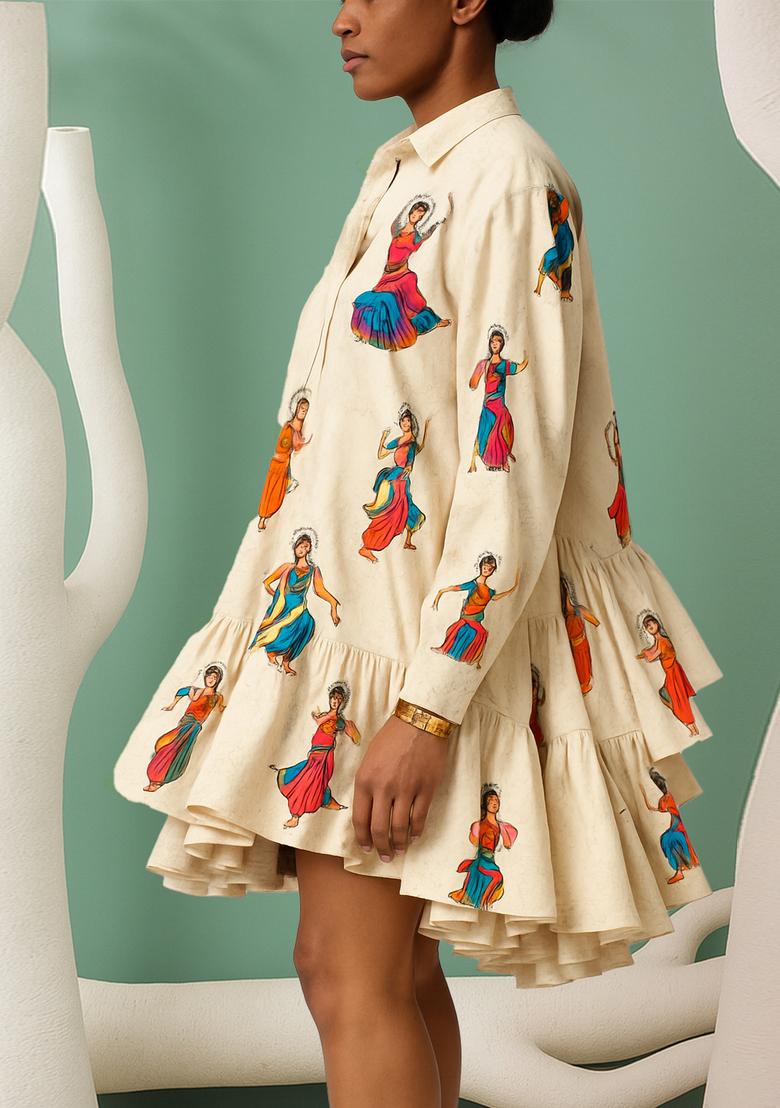 Cream Cotton Satin Figure Printed Dress - Indya