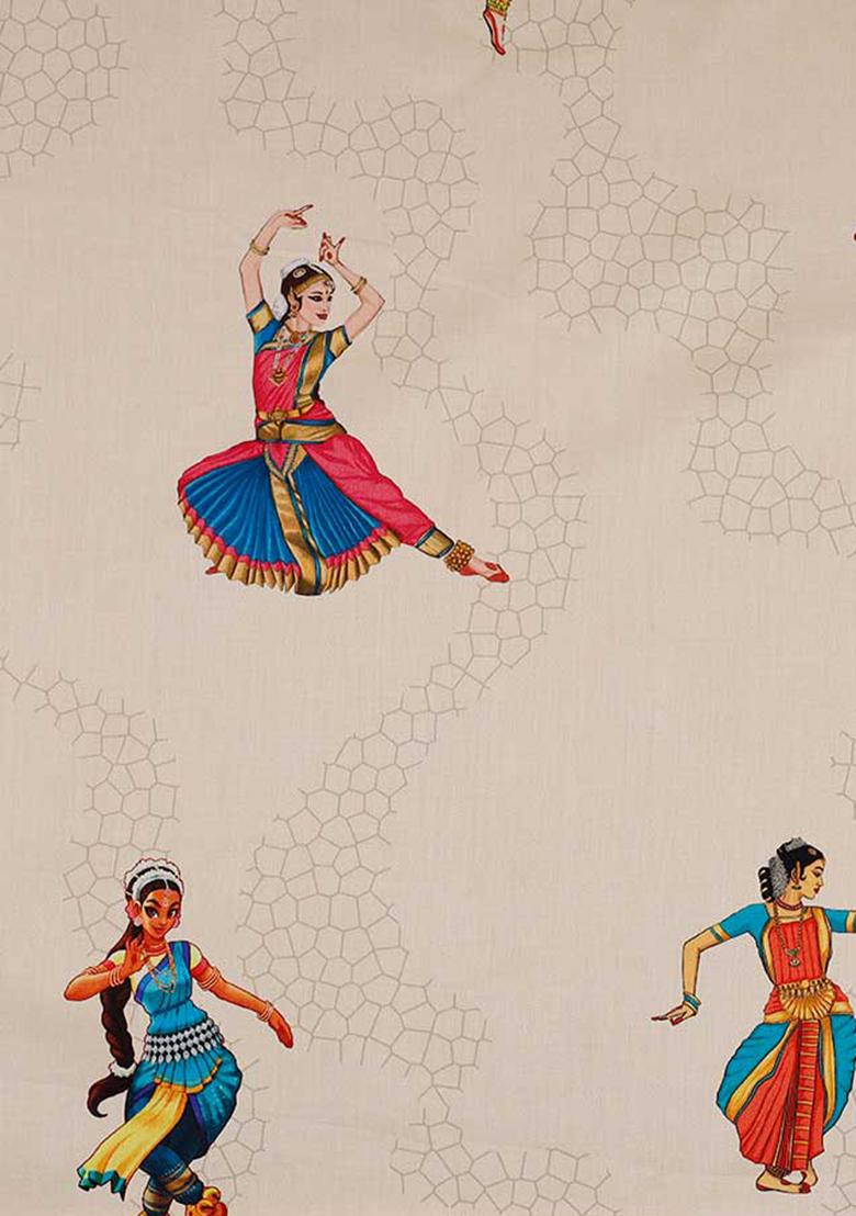 Cream Cotton Satin Figure Printed Dress - Indya