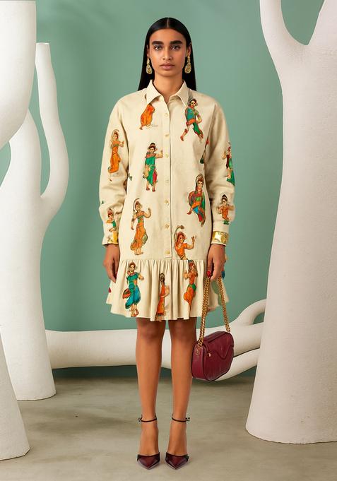 Cream Cotton Satin Figure Printed Dress