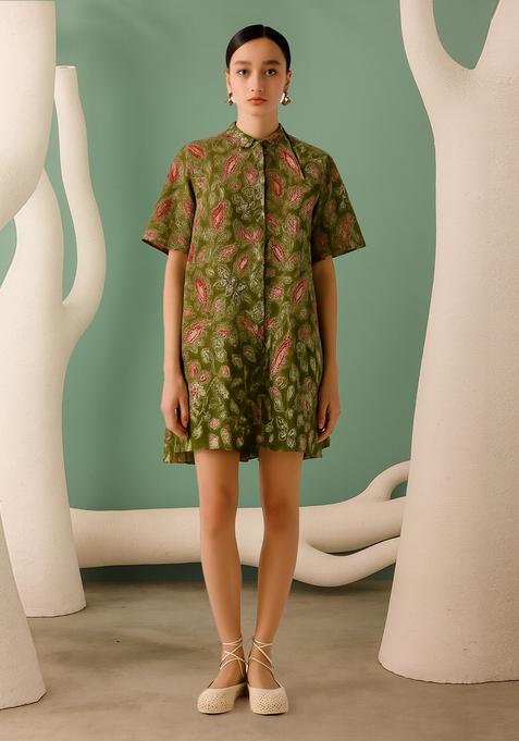 Green Cotton Floral Printed Dress