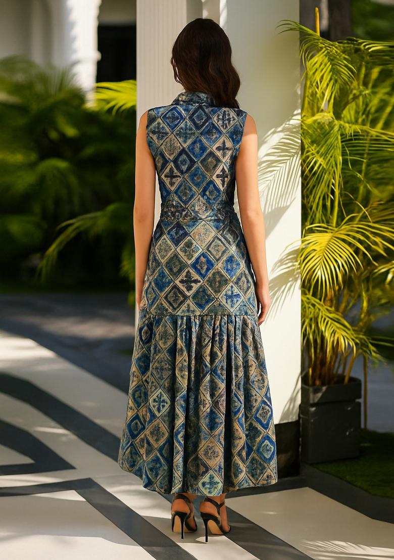 Blue Poplin Ikat Printed Dress - Indya