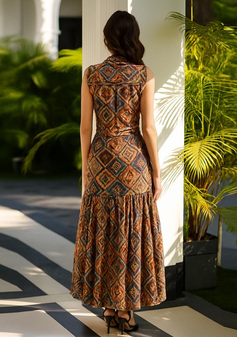 Brown Poplin Ikat Printed Dress - Indya
