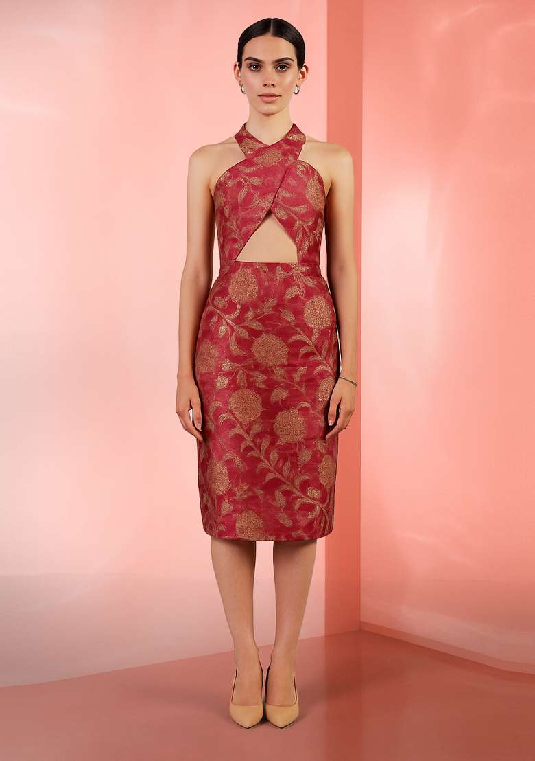 Maroon Brocade Dress for Diwali | Wedding & Festive Wear - Indya