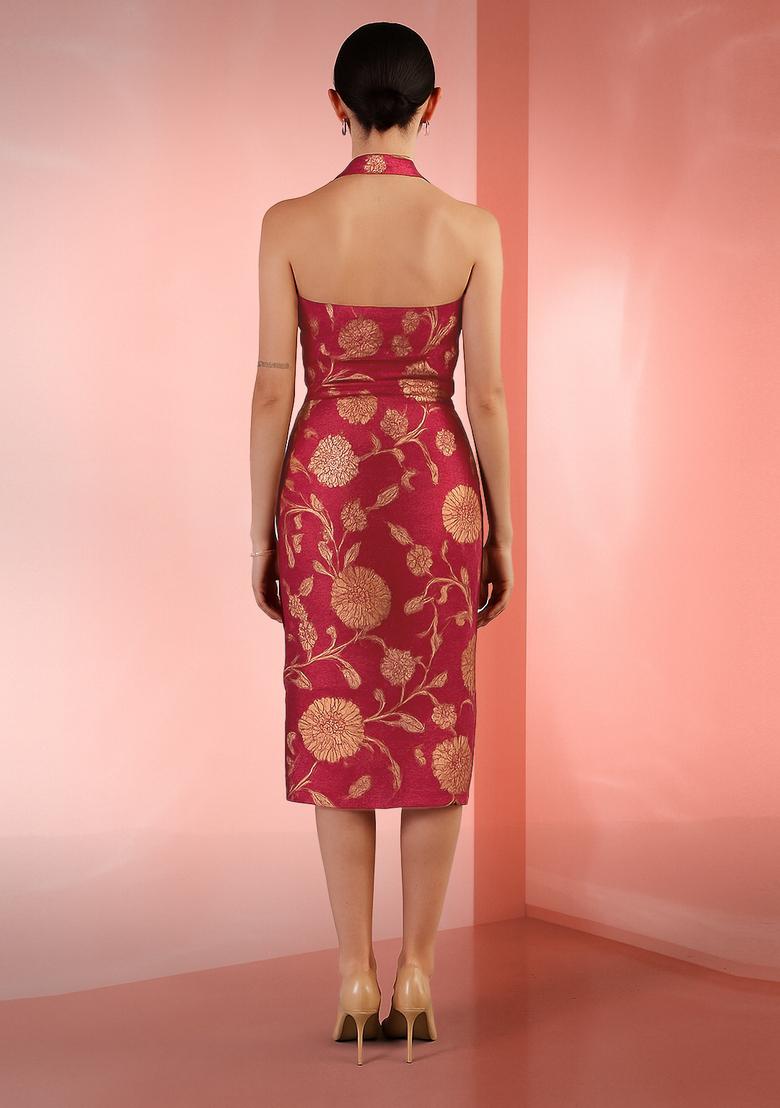 Maroon Brocade Dress - Indya