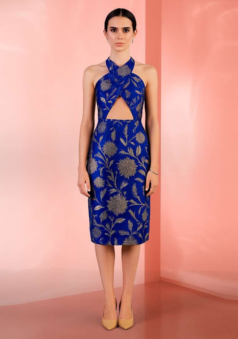 Navy Blue Brocade Dress for Diwali | Wedding & Festive Wear - Indya