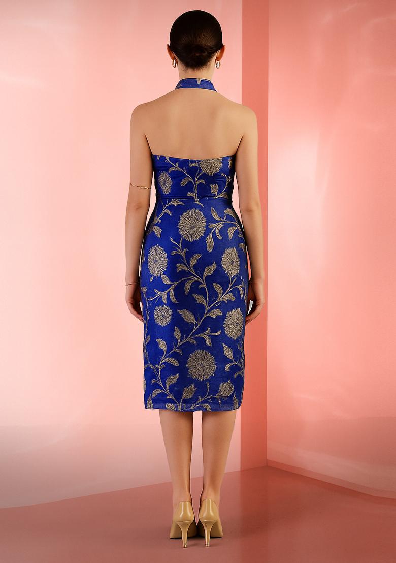 Navy Blue Brocade Dress - Indya