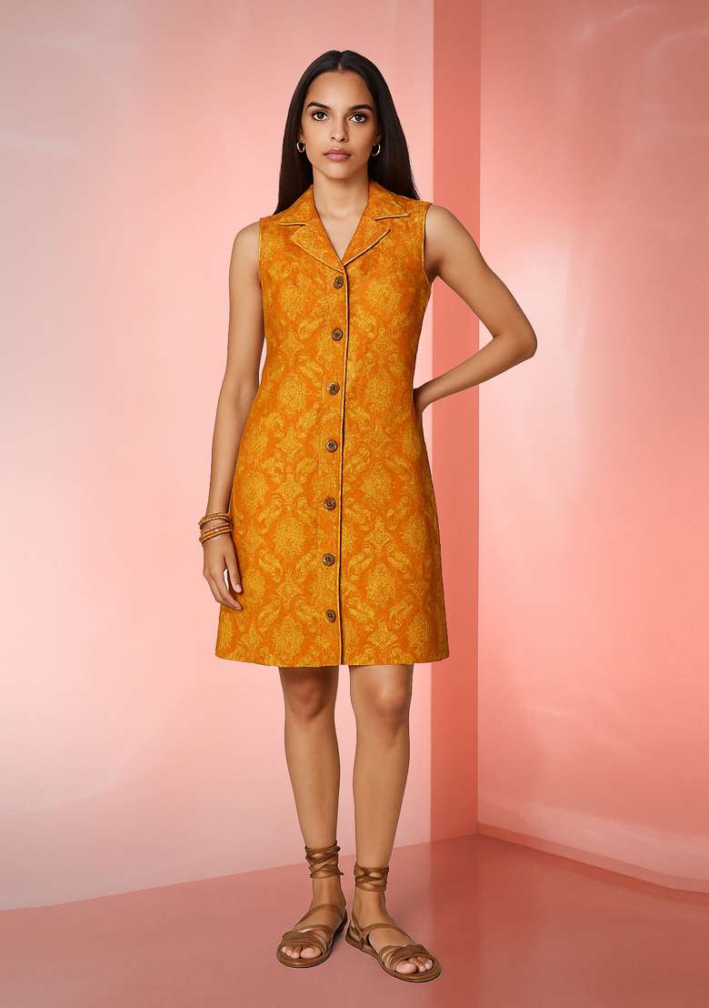 Mustard Yellow Brocade Dress for Diwali and Festive Wear - Indya