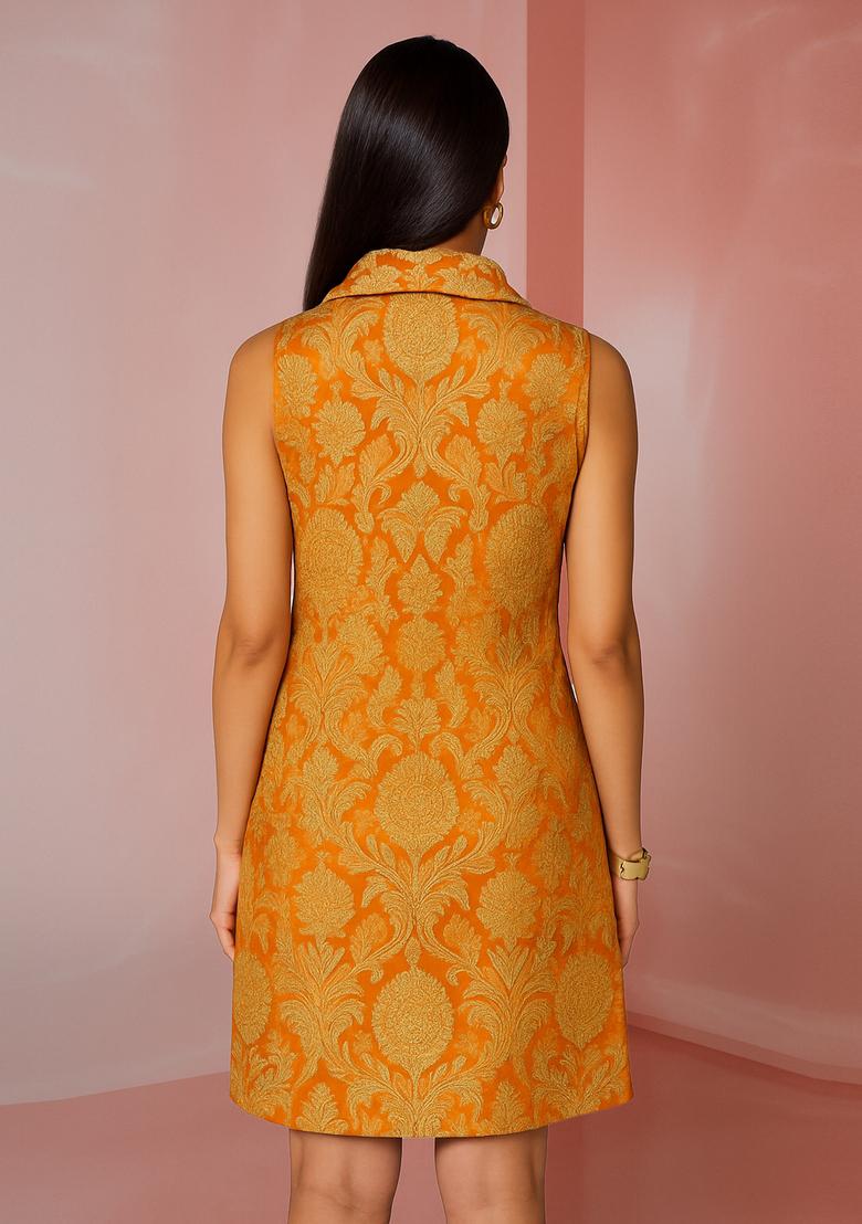 Mustard Yellow Brocade Dress - Indya